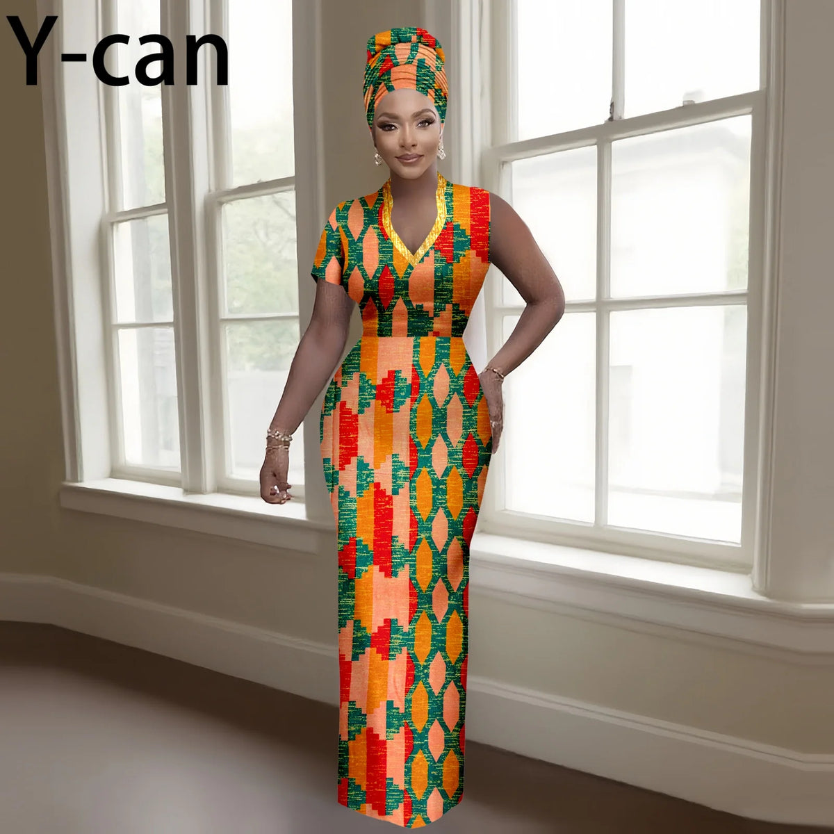Women's African-Print V-Neck Maxi Dress & Headwrap, image 11 of 16 – Flexi Africa