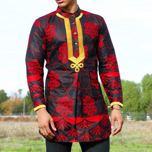 Floral Fusion - African Dashiki Dress Shirt: Red Floral Print Men's Fashion for Hip Hop Streetwear with Traditional Vibes