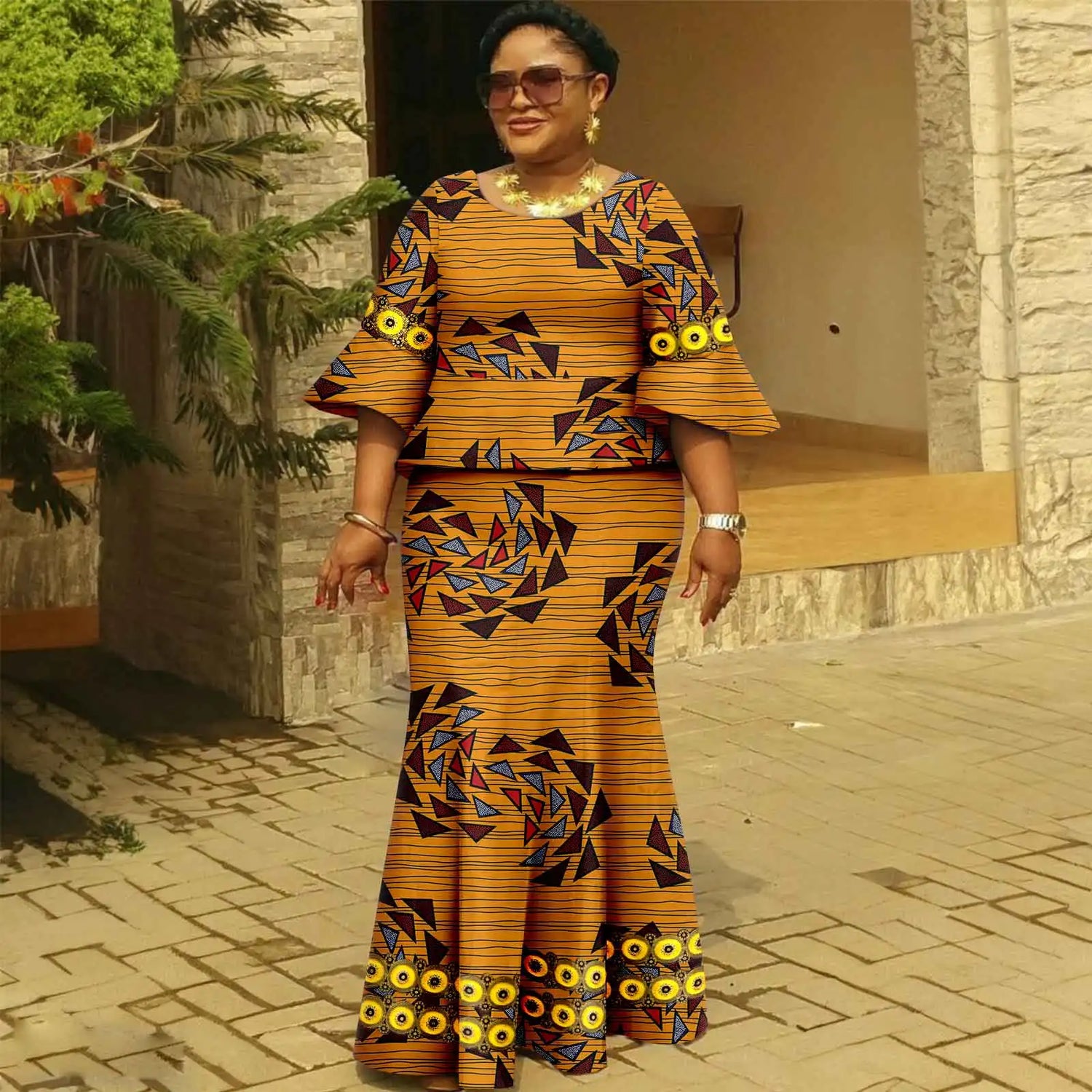 African Party Look – Gold Ankara Fishtail Dress 2PC Set