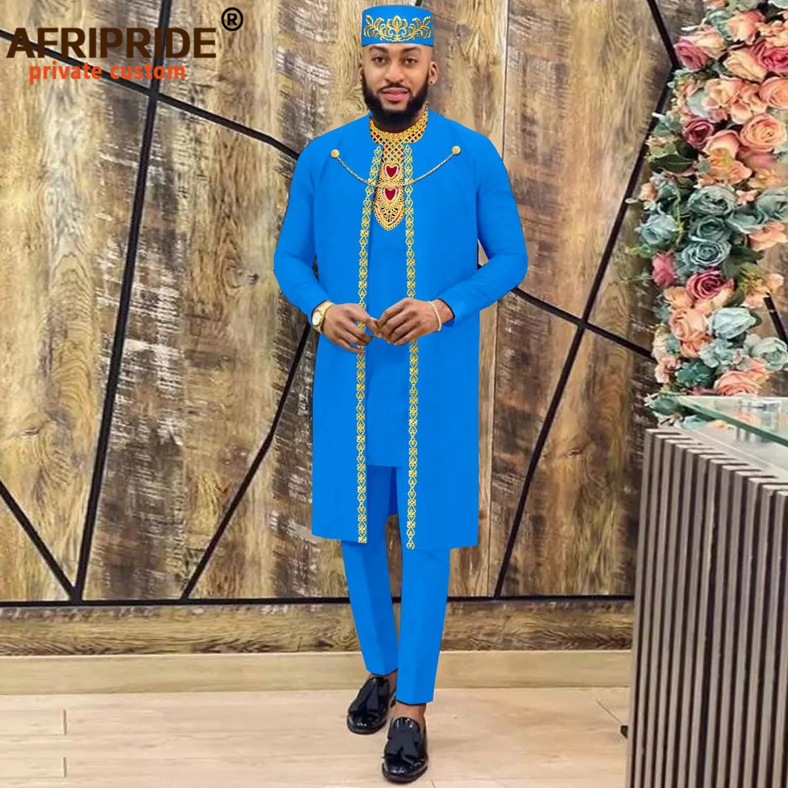 African Clothes for Men – Agbada Robe Embroidery Shirt, Pants, Hat 4PC Set with Chain