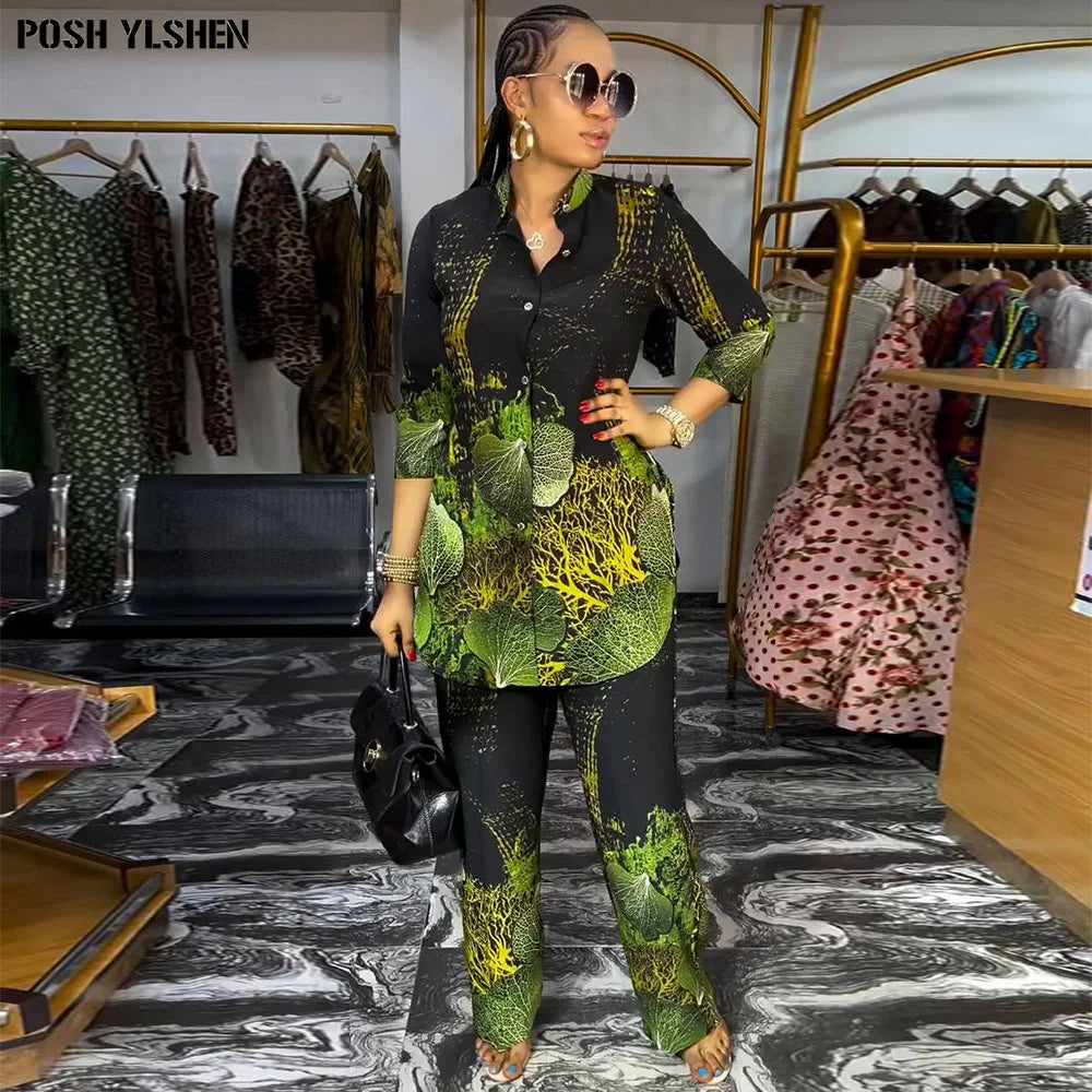 Women's Green African-Print Top & Trouser Set, main product image – Flexi Africa