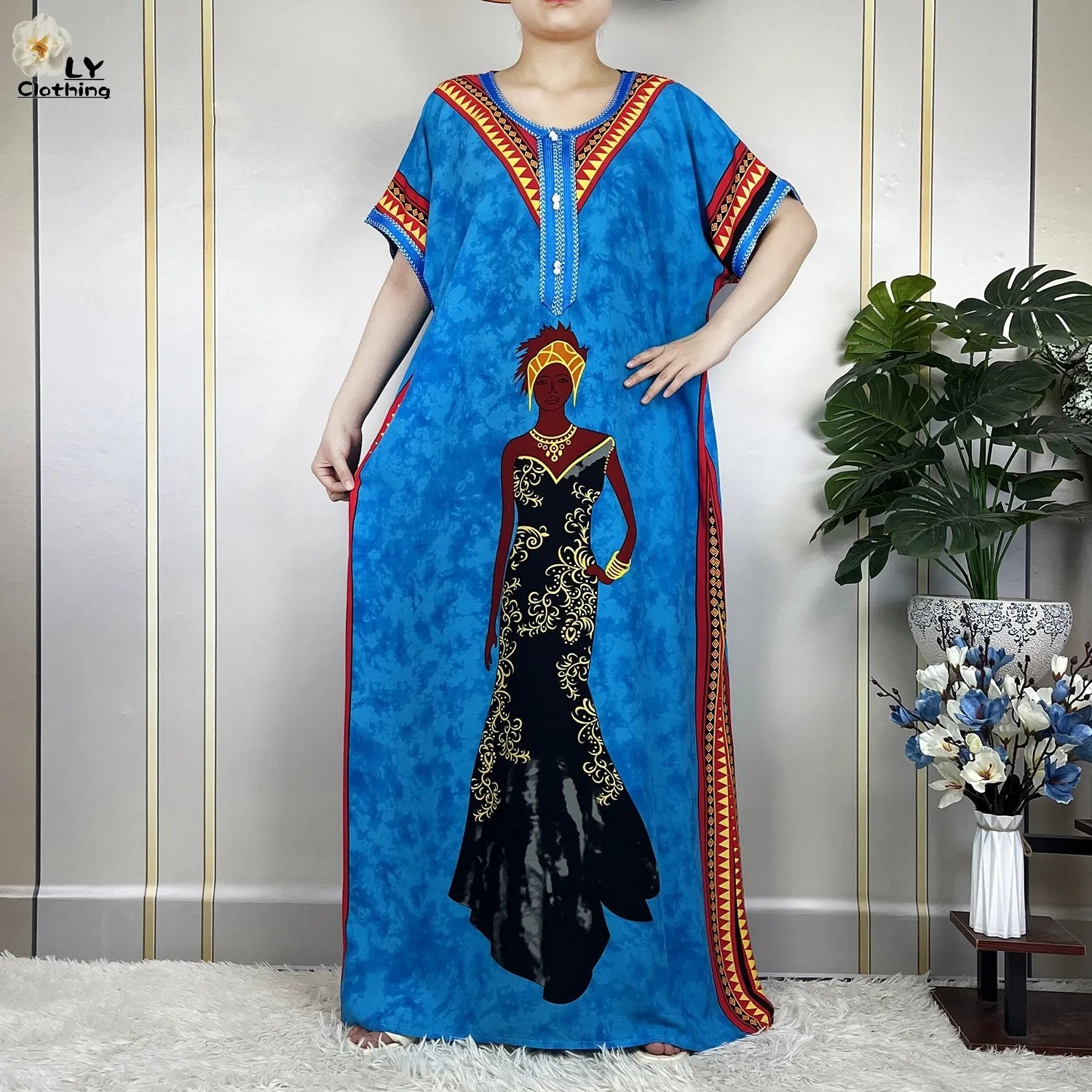 Elegant African Style Cotton Abaya Dress for Women with Patterned Print - Loose Fit Short Sleeve Muslim Rob