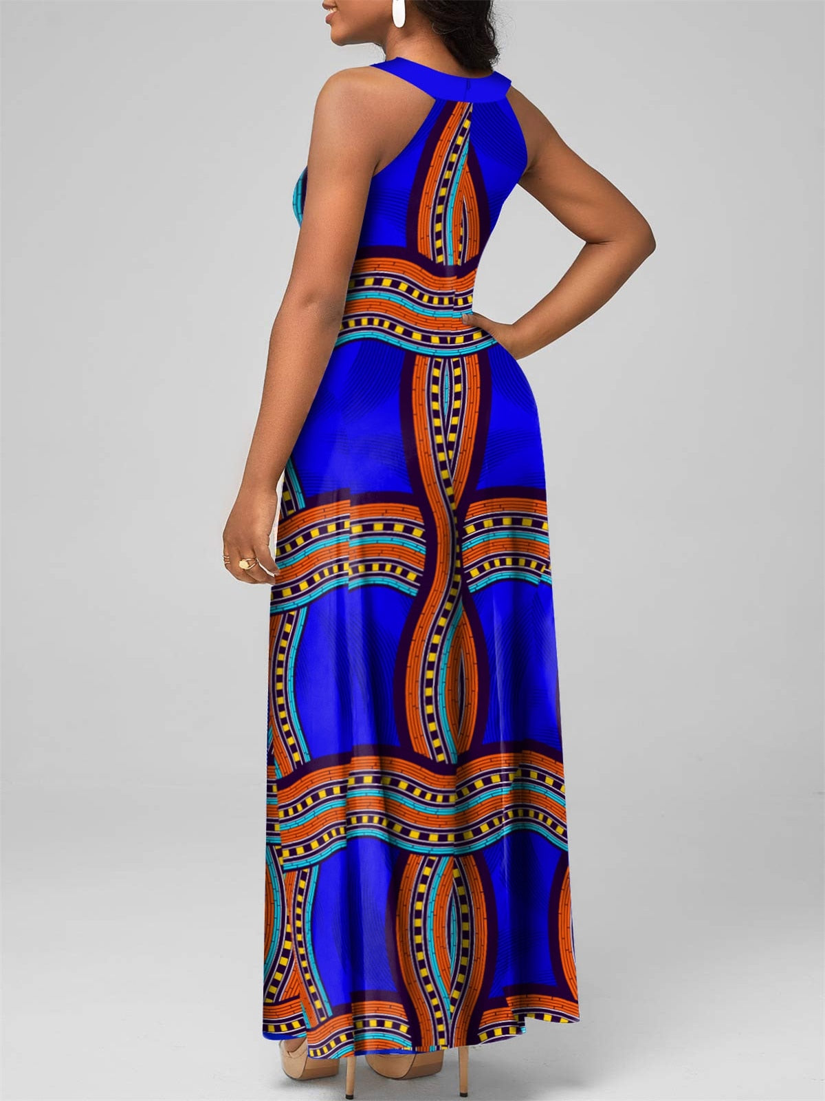 Ethnic Chic: Geometric Print Halter Neck Maxi Dress with Striped Cut-Out Design - Flexi Africa - Flexi Africa offers Free Delivery Worldwide - Vibrant African traditional clothing showcasing bold prints and intricate designs