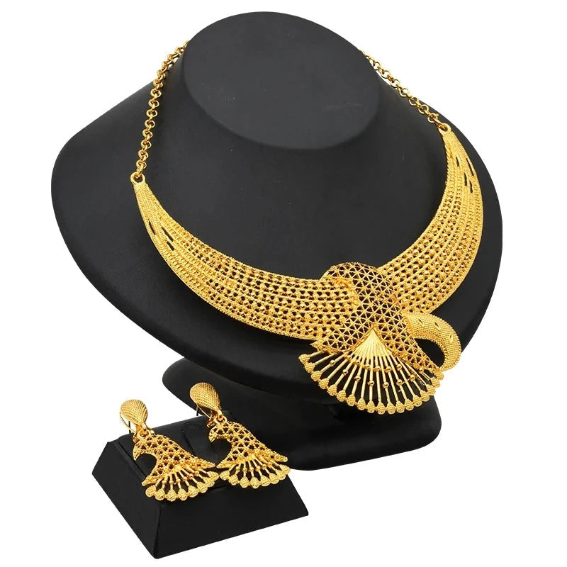 Gold-Plated Jewelry Set: Exquisite 24K Gold-Colored Necklace and Earrings for African Bridal Wear at Nigerian Wedding - Flexi Africa - Flexi Africa offers Free Delivery Worldwide - Vibrant African traditional clothing showcasing bold prints and intricate designs