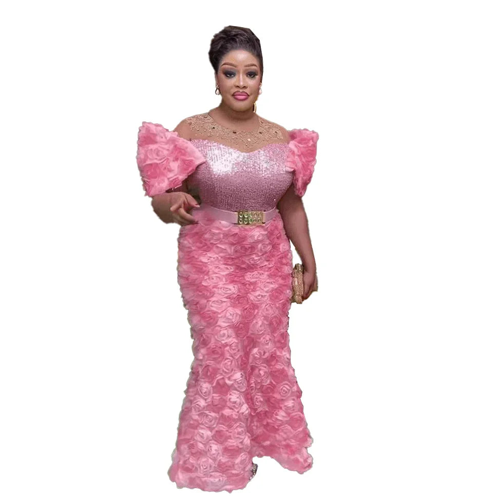 Elegant African Evening Dress for Women – Mesh Fabric, 3D Embroidery, Rhinestone & Sequin Details