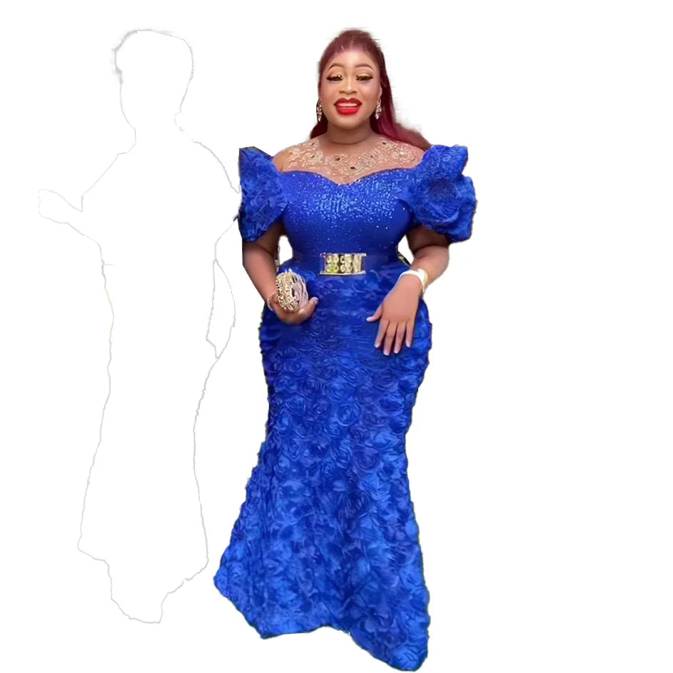Elegant African Evening Dress for Women – Mesh Fabric, 3D Embroidery, Rhinestone & Sequin Details