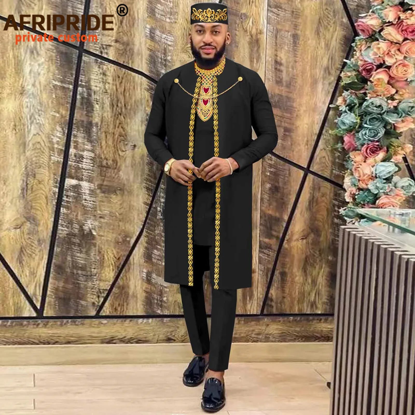 African Clothes for Men – Agbada Robe Embroidery Shirt, Pants, Hat 4PC Set with Chain