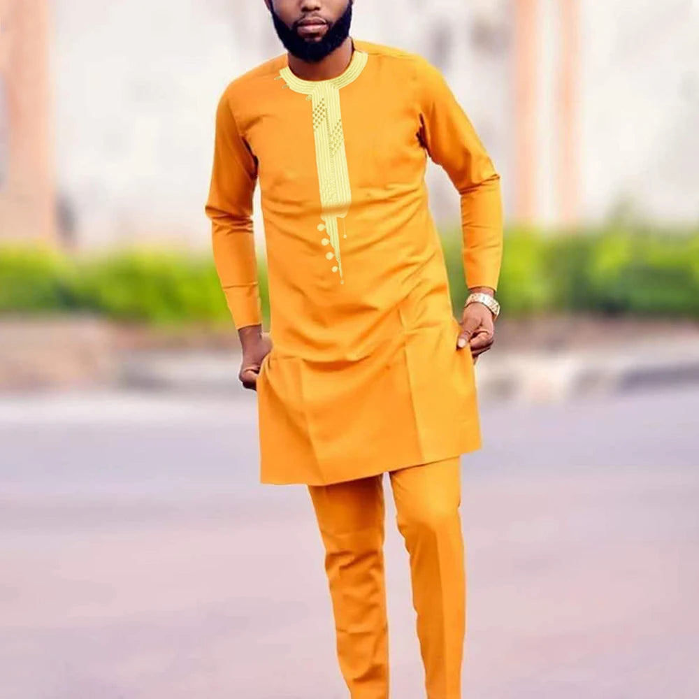 Men’s African Dashiki 2PC Set – Embroidered Shirt & Pants Outfit | Muslim Thobe Style, Hippie Fashion