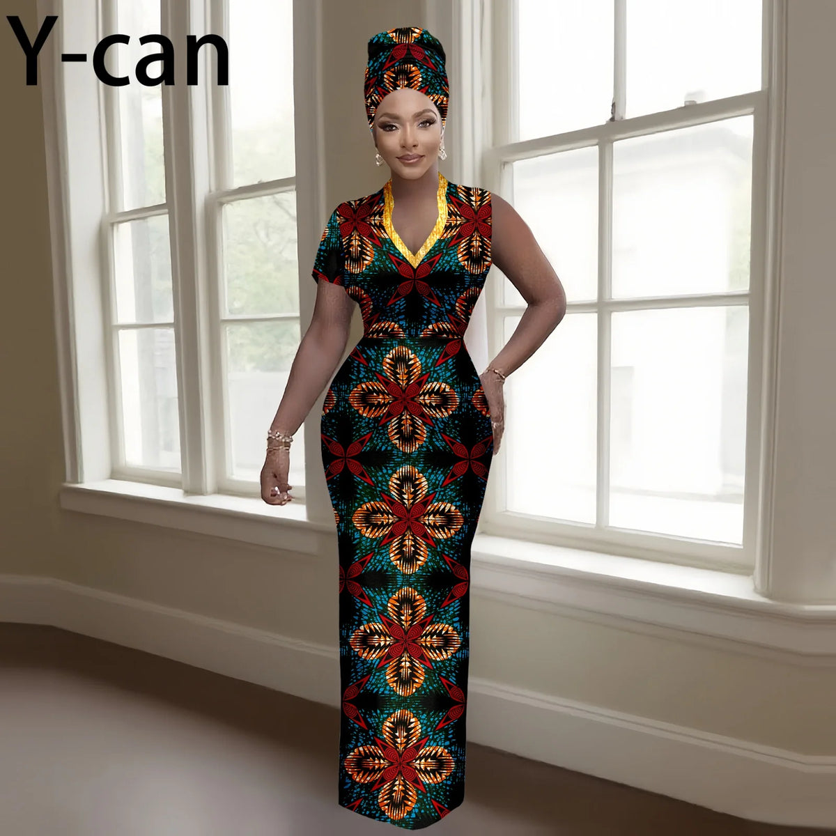 Women's African-Print V-Neck Maxi Dress & Headwrap, image 3 of 16 – Flexi Africa