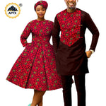 African Print Couples Clothing – Women’s Dress with Headwrap and Men’s Patchwork Top and Pants - Free Delivery Worldwide