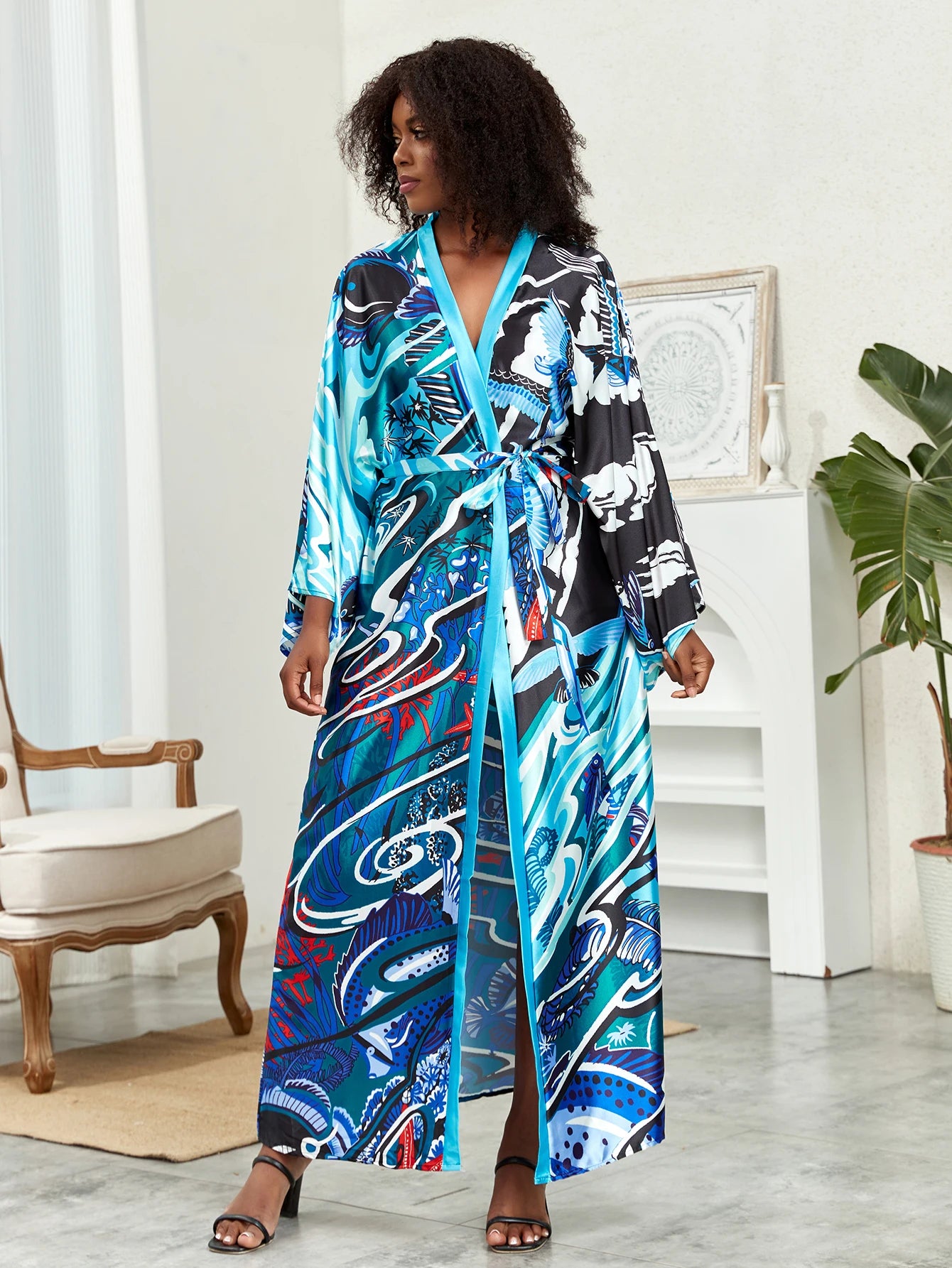 Boho Chic: Plus Size Lotus Print Kimono Cover Up with Open Front and Belt