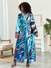 Boho Chic: Plus Size Lotus Print Kimono Cover Up with Open Front and Belt