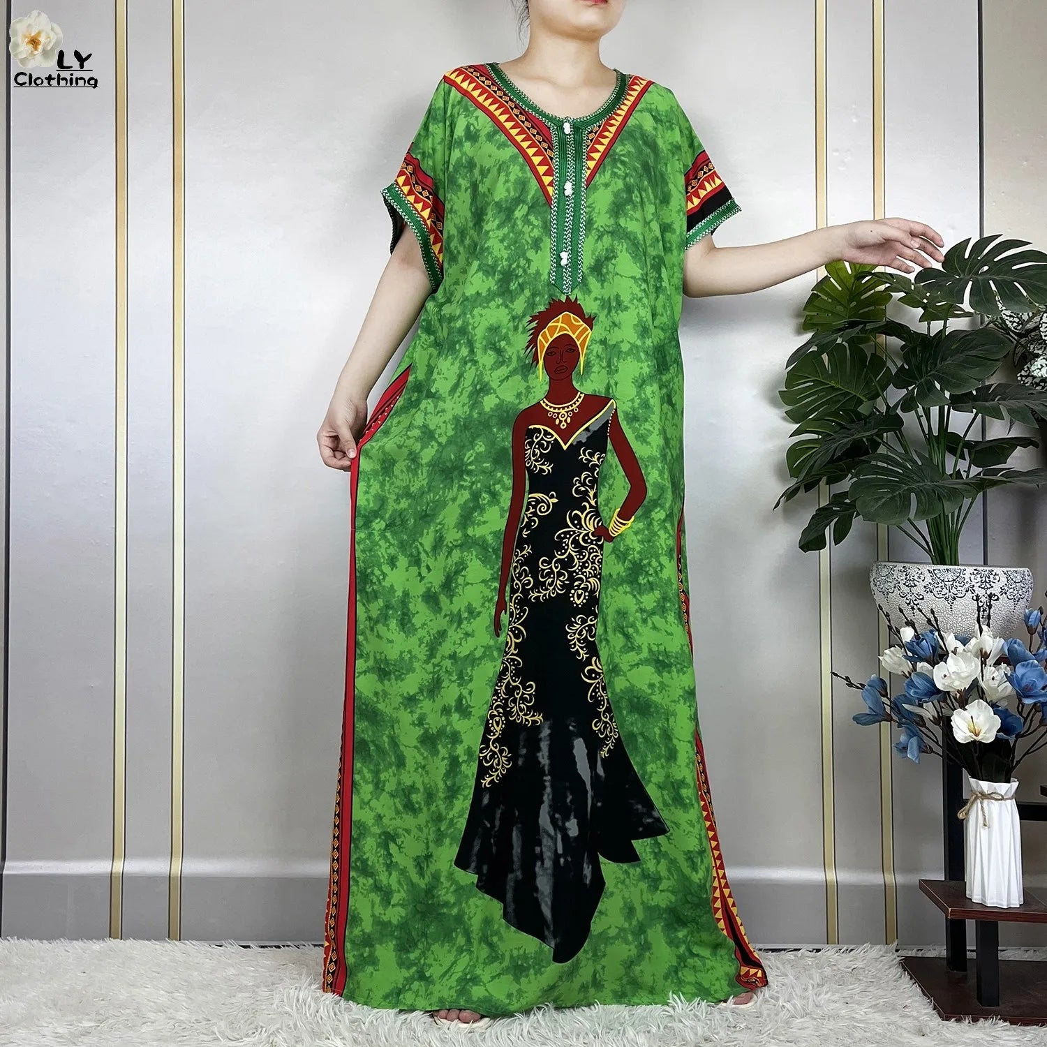 Elegant African Style Cotton Abaya Dress for Women with Patterned Print - Loose Fit Short Sleeve Muslim Rob