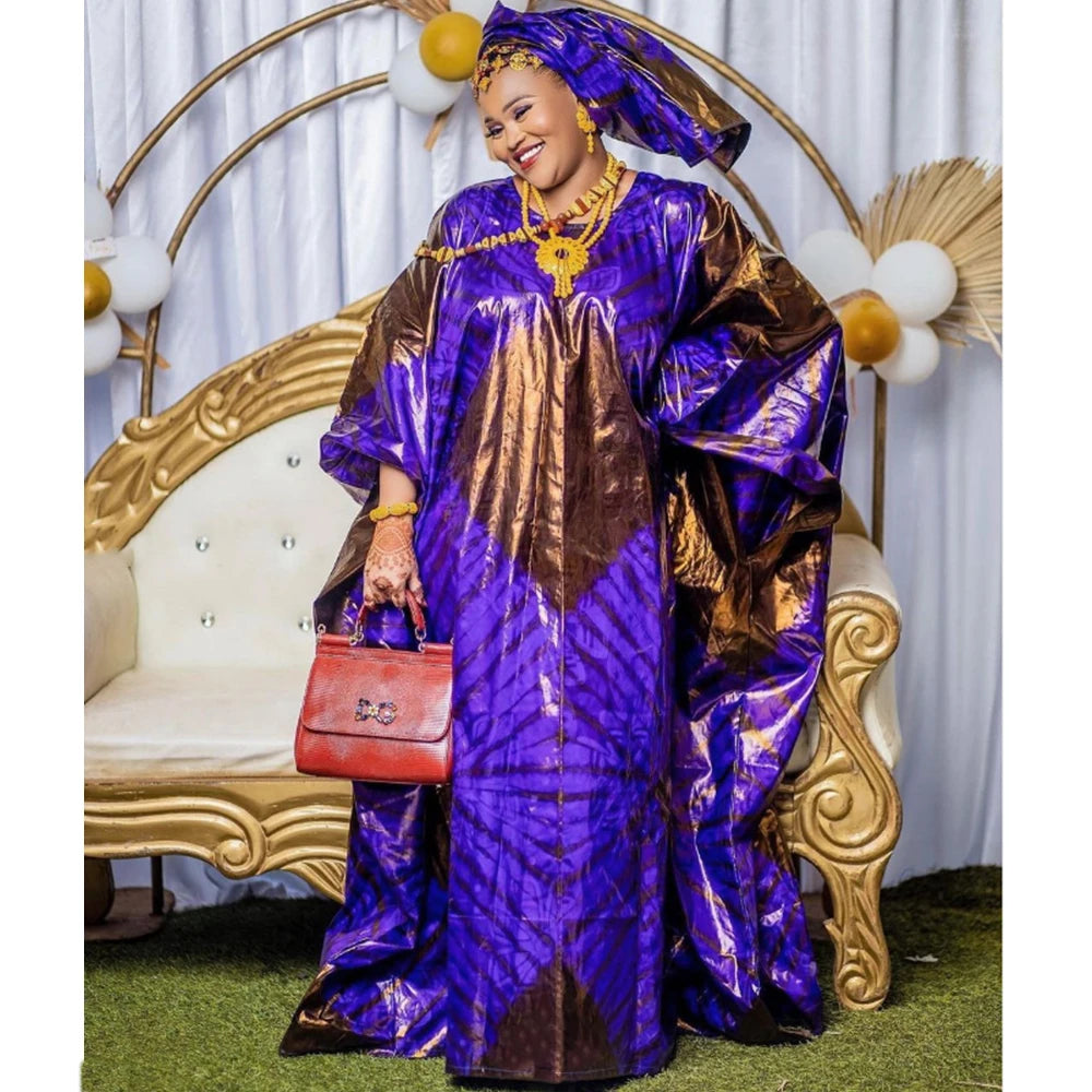 African Women's Formal Dashiki Dress – Riche Print Evening Gown with Headscarf