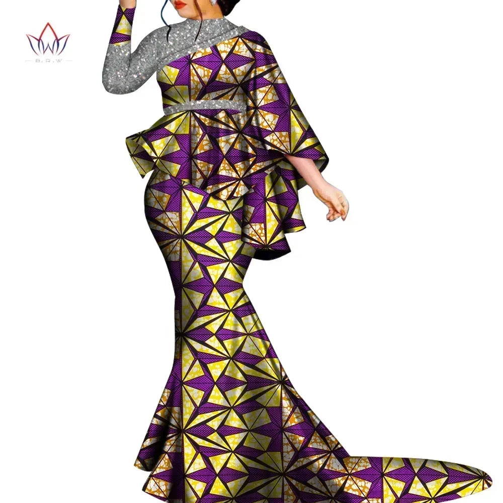 Buy African Bazin Riche Floral Printed 2PC Set – Irregular Bat Sleeve Top & Long Skirt Elegant Party Outfit for Women