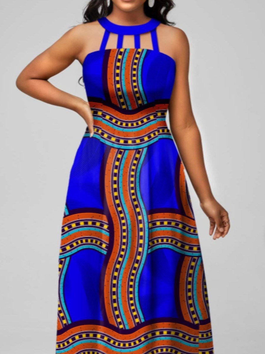 Ethnic Chic: Geometric Print Halter Neck Maxi Dress with Striped Cut-Out Design - Flexi Africa - Flexi Africa offers Free Delivery Worldwide - Vibrant African traditional clothing showcasing bold prints and intricate designs
