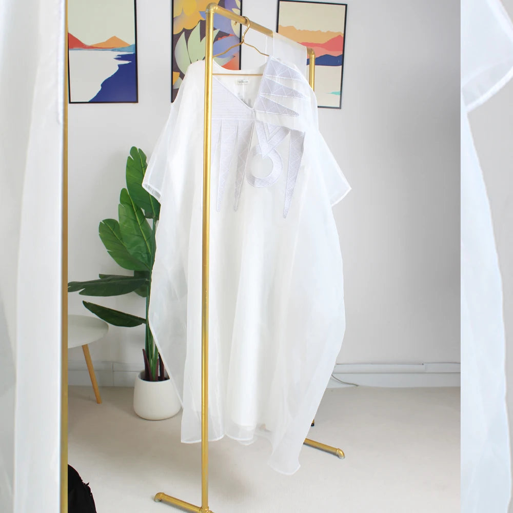 Elegant African White Abaya Dress with Embroidery | Plus Size Women's Party & Church Attire