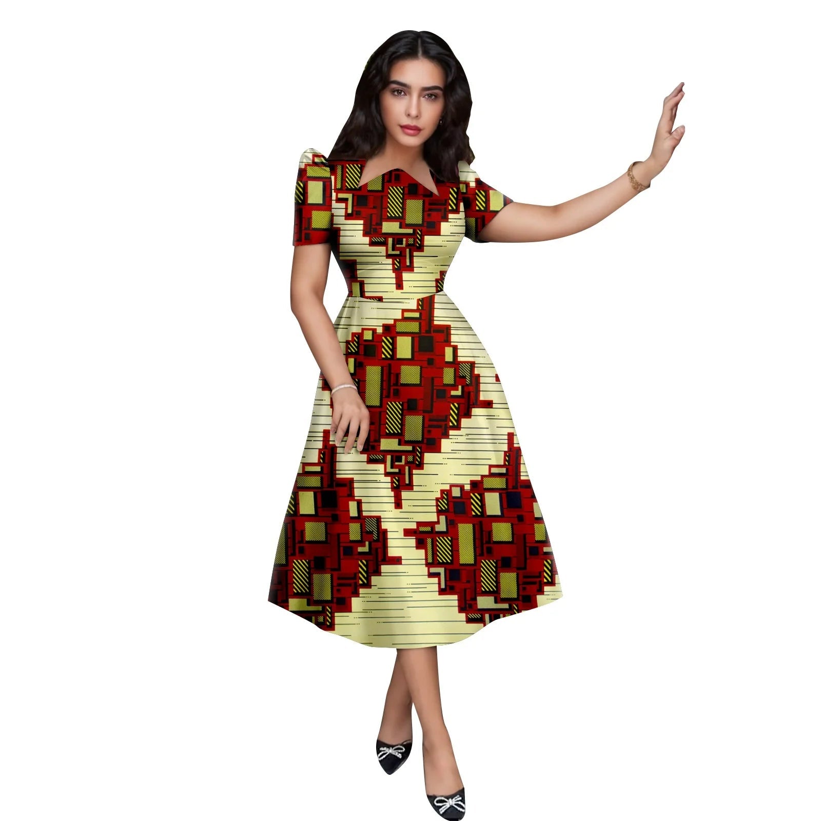 African Ankara Print Asymmetrical Collar Mid-Calf Dress Flexi Africa African Ankara Print Asymmetrical Collar Mid-Calf Dress Flexi Africa