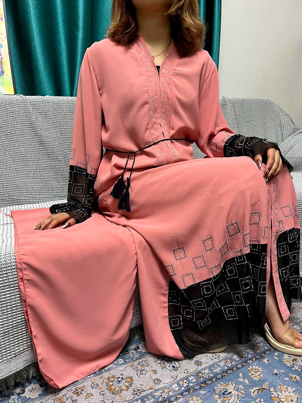 Abayas Chiffon Pure Chains Diamonds Loose Fit Femme Robe Caftan With Turban - Flexi Africa - Flexi Africa offers Free Delivery Worldwide - Vibrant African traditional clothing showcasing bold prints and intricate designs