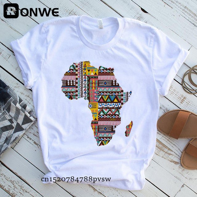 Africa Map Graphic Women's T-Shirt - Chic White Tee for Streetwear & Summer Style - Flexi Africa - Flexi Africa offers Free Delivery Worldwide - Vibrant African traditional clothing showcasing bold prints and intricate designs