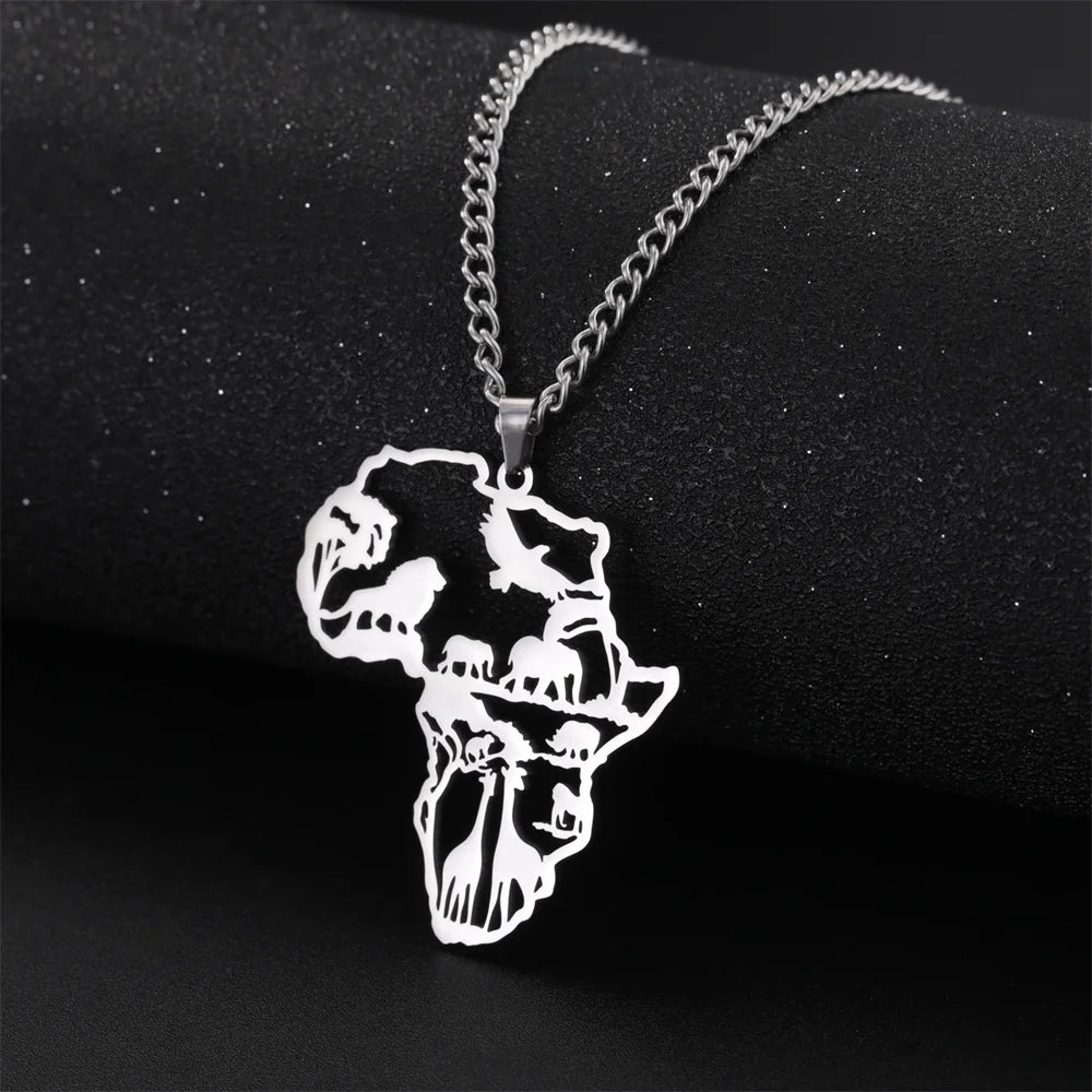 Africa Map Lion Elephant Monkey Giraffe Pendant Necklaces Stainless Steel Animal Chain Choker African Jewelry - Flexi Africa