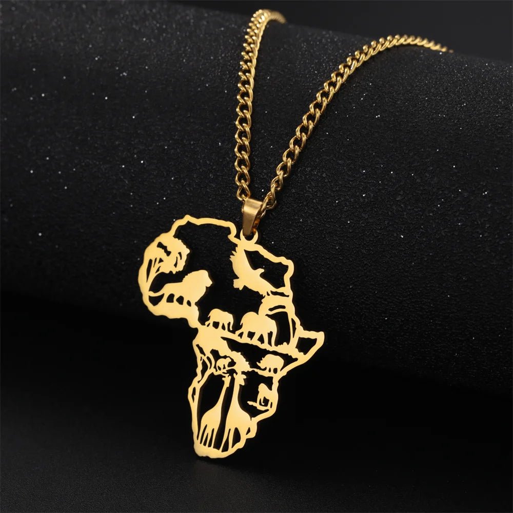 Africa Map Lion Elephant Monkey Giraffe Pendant Necklaces Stainless Steel Animal Chain Choker African Jewelry - Flexi Africa