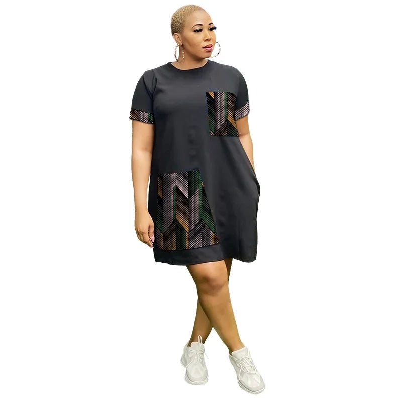 Flexi Africa Black O-Neck African Ankara Dress for Women 8 / M