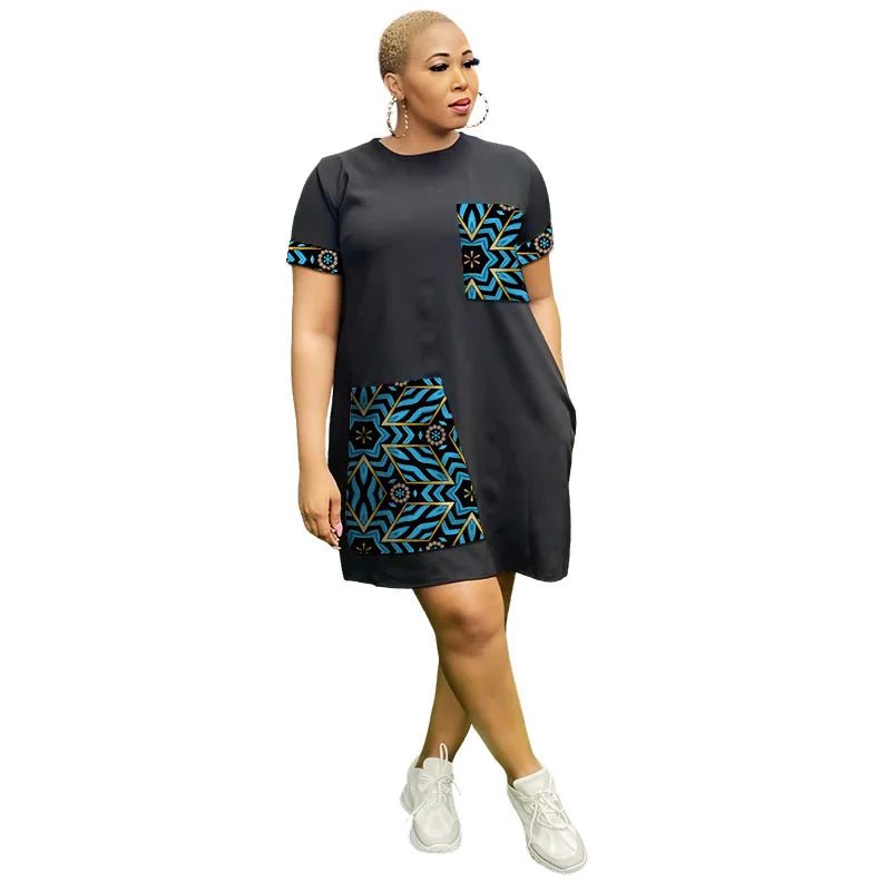 Flexi Africa Black O-Neck African Ankara Dress for Women 8 / M