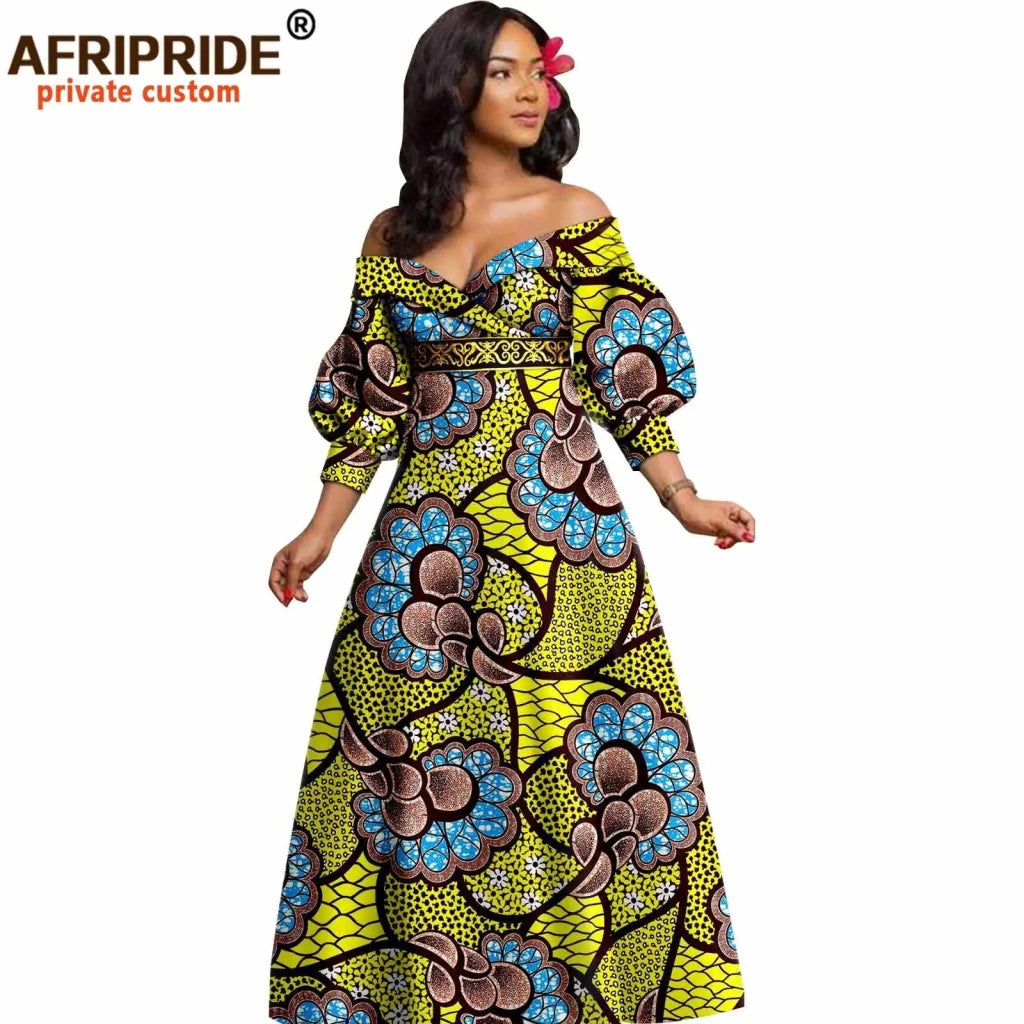 African Ankara Off Shoulder Maxi Dress – Deep V - Neck High Waist Long Dress - Free Delivery Worldwide only at Flexi Africa