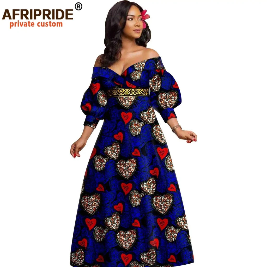 African Ankara Off Shoulder Maxi Dress – Deep V - Neck High Waist Long Dress - Free Delivery Worldwide only at Flexi Africa