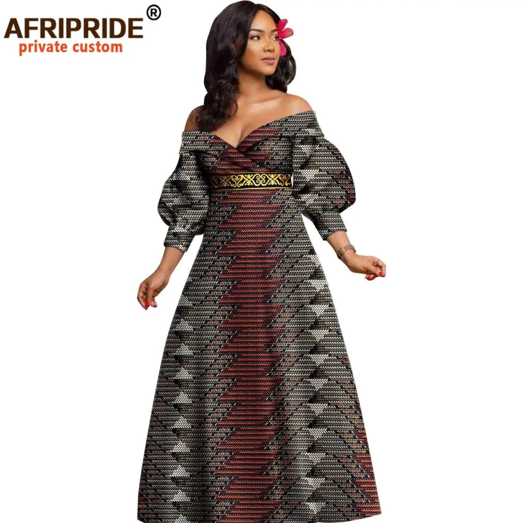 off shoulder dress african print African Ankara Off Shoulder Maxi Dress – Deep V-Neck High Waist Long Dress