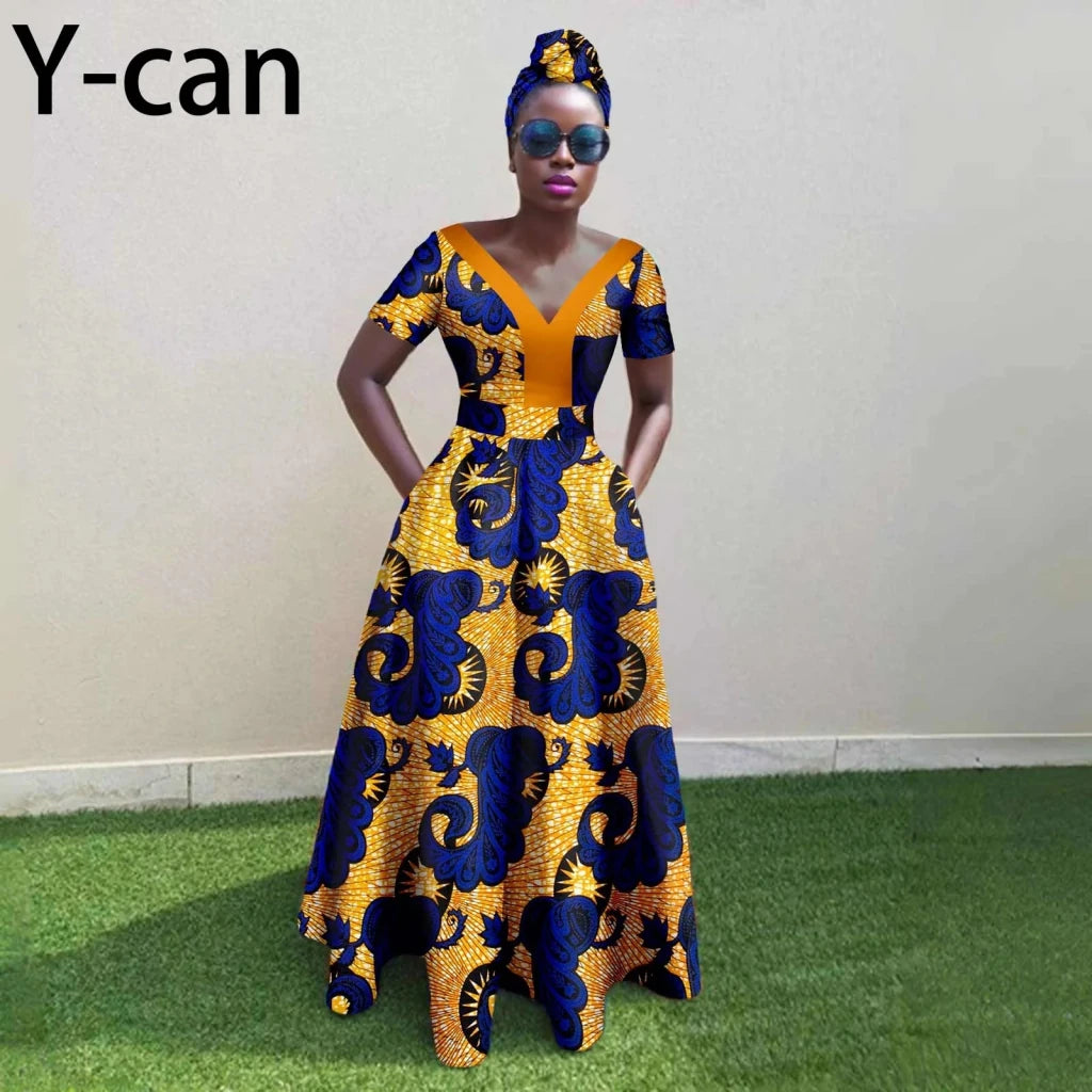 African Ankara Patchwork A-Line Dress Women's V-Neck Flexi Africa African Ankara Patchwork A-Line Dress Women's V-Neck Flexi Africa