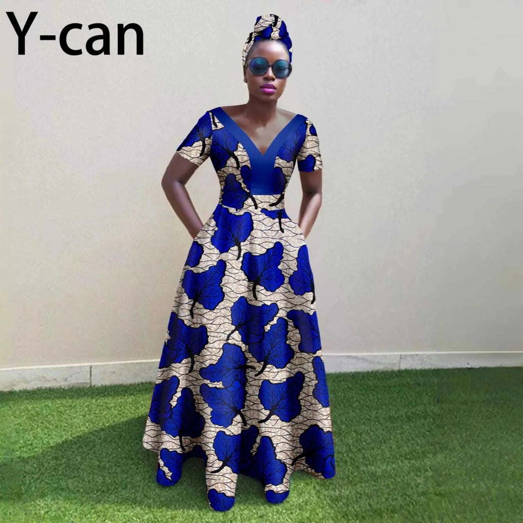 African Ankara Patchwork A-Line Dress Women's V-Neck Flexi Africa African Ankara Patchwork A-Line Dress Women's V-Neck Flexi Africa
