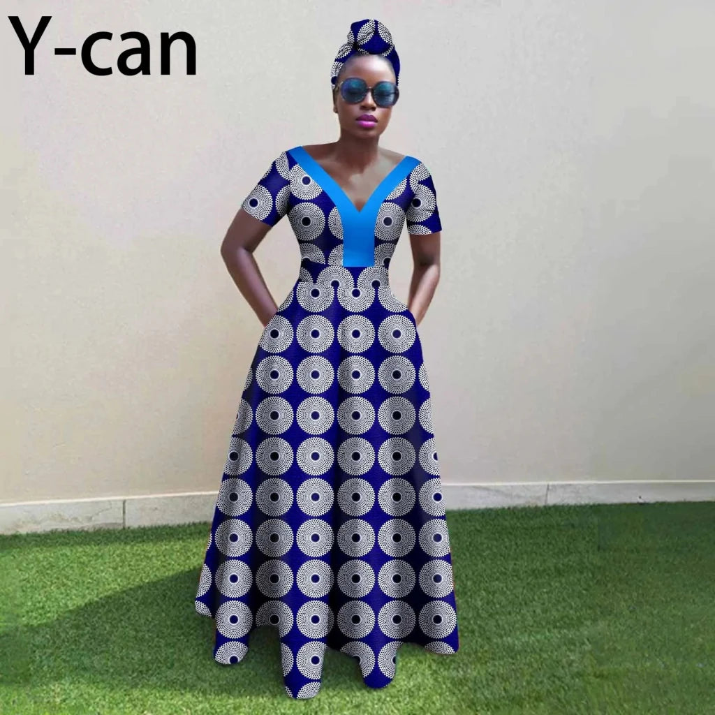 African Ankara Patchwork A - Line Dress – Women’s V - Neck Short Sleeve Party Dress with Headscarf - Free Delivery Worldwide only at Flexi Africa