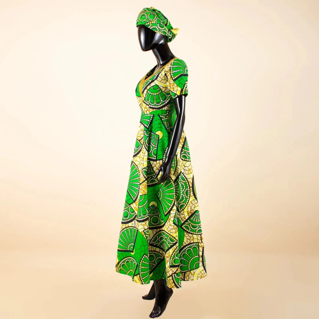 African Ankara Patchwork A - Line Dress – Women’s V - Neck Short Sleeve Party Dress with Headscarf - Free Delivery Worldwide only at Flexi Africa