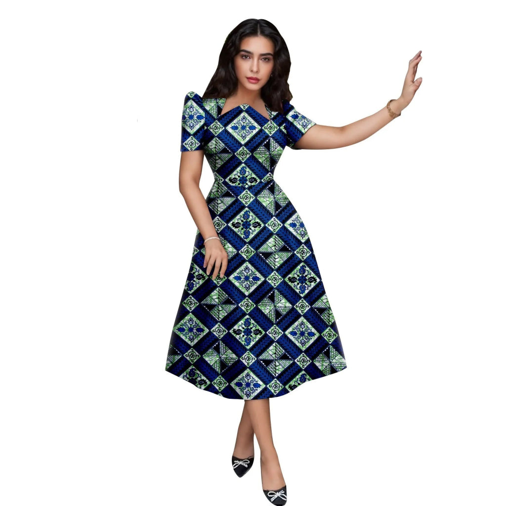 African Ankara Asymmetrical Collar Mid-Calf Dress