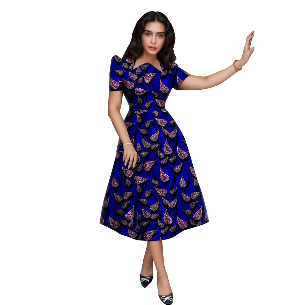 African Ankara Print Asymmetrical Collar Mid-Calf Dress 365X / Xs