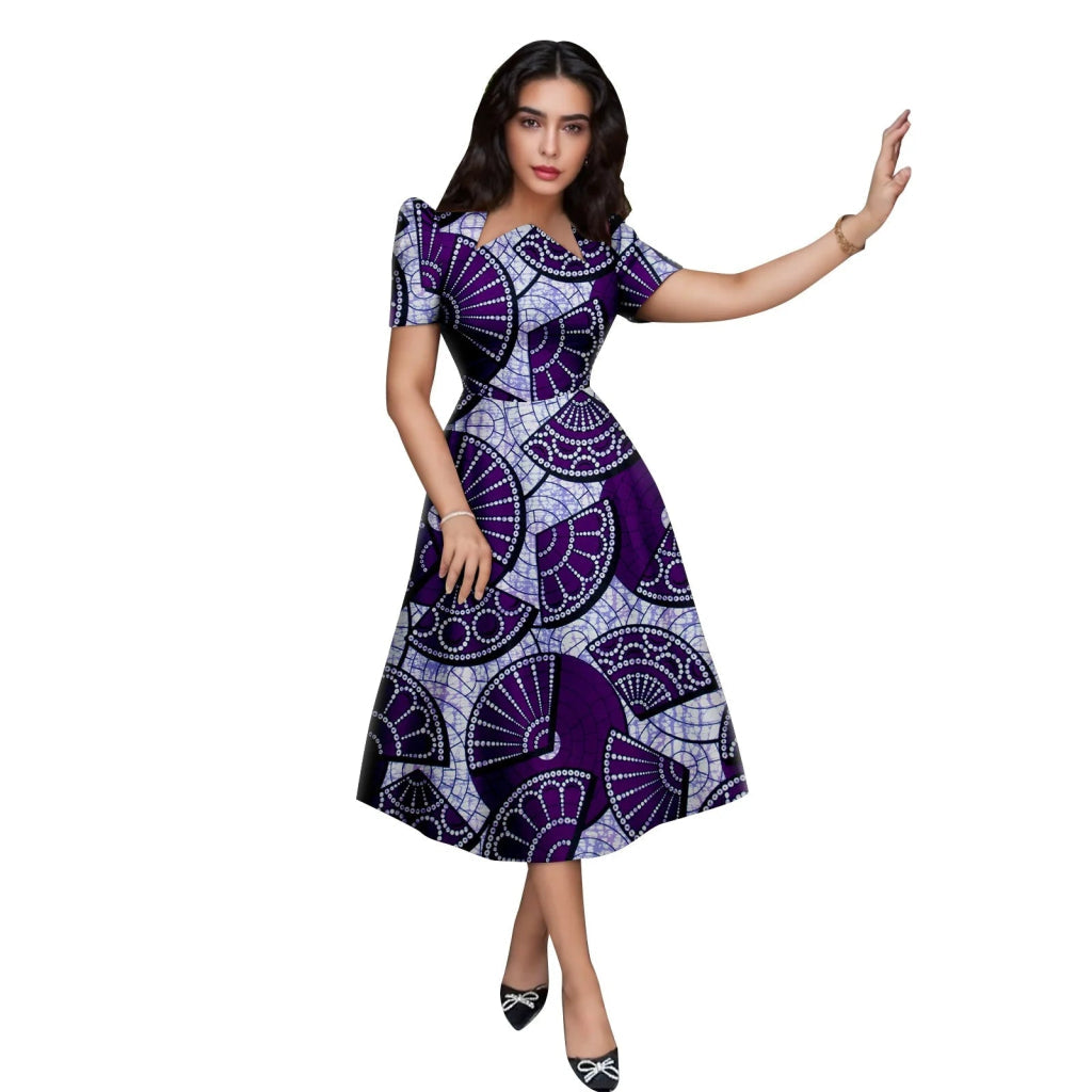 African Ankara Print Asymmetrical Collar Mid-Calf Dress 365X / Xs