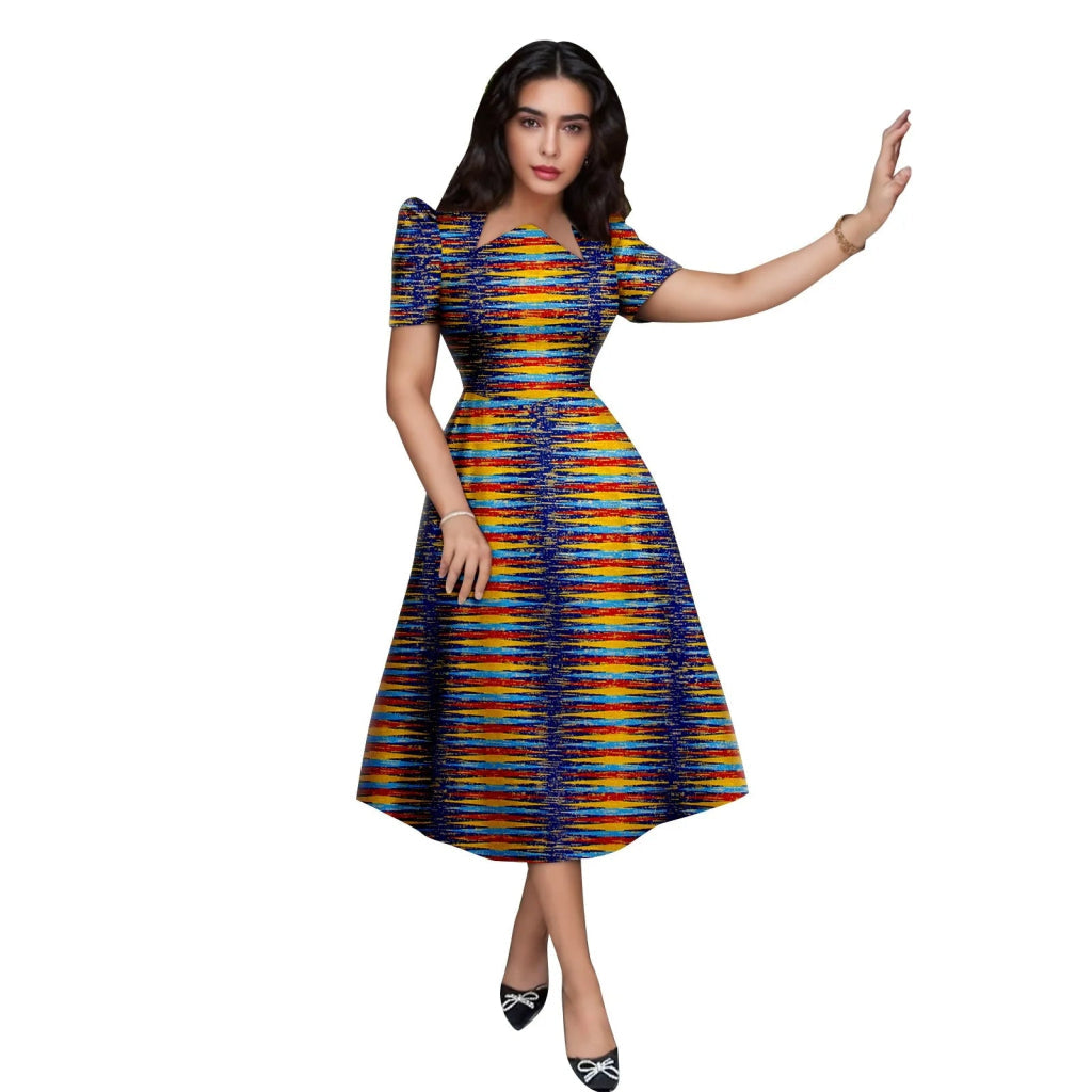 African Ankara Print Asymmetrical Collar Mid-Calf Dress 365x / XS