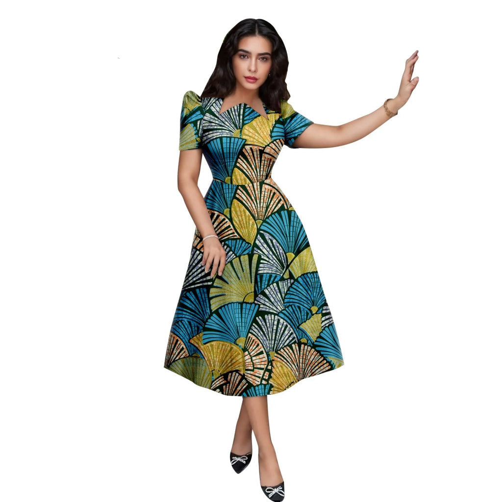 African Ankara Print Asymmetrical Collar Mid-Calf Dress Flexi Africa African Ankara Print Asymmetrical Collar Mid-Calf Dress Flexi Africa