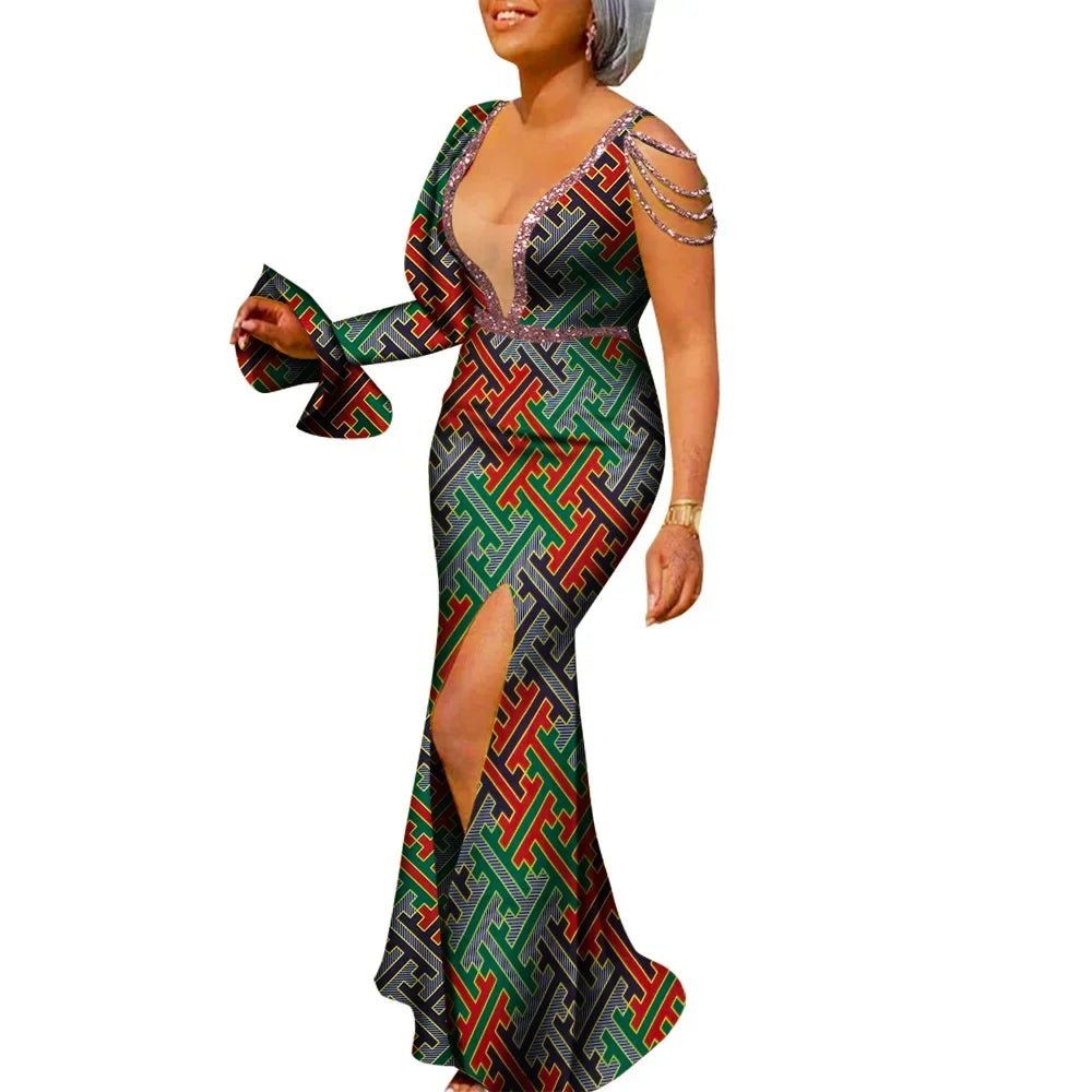 African Ankara Print Boubou Maxi Dress for Women – V-Neck Split Dashiki Party Gown - Free Delivery Worldwide only at Flexi Africa
