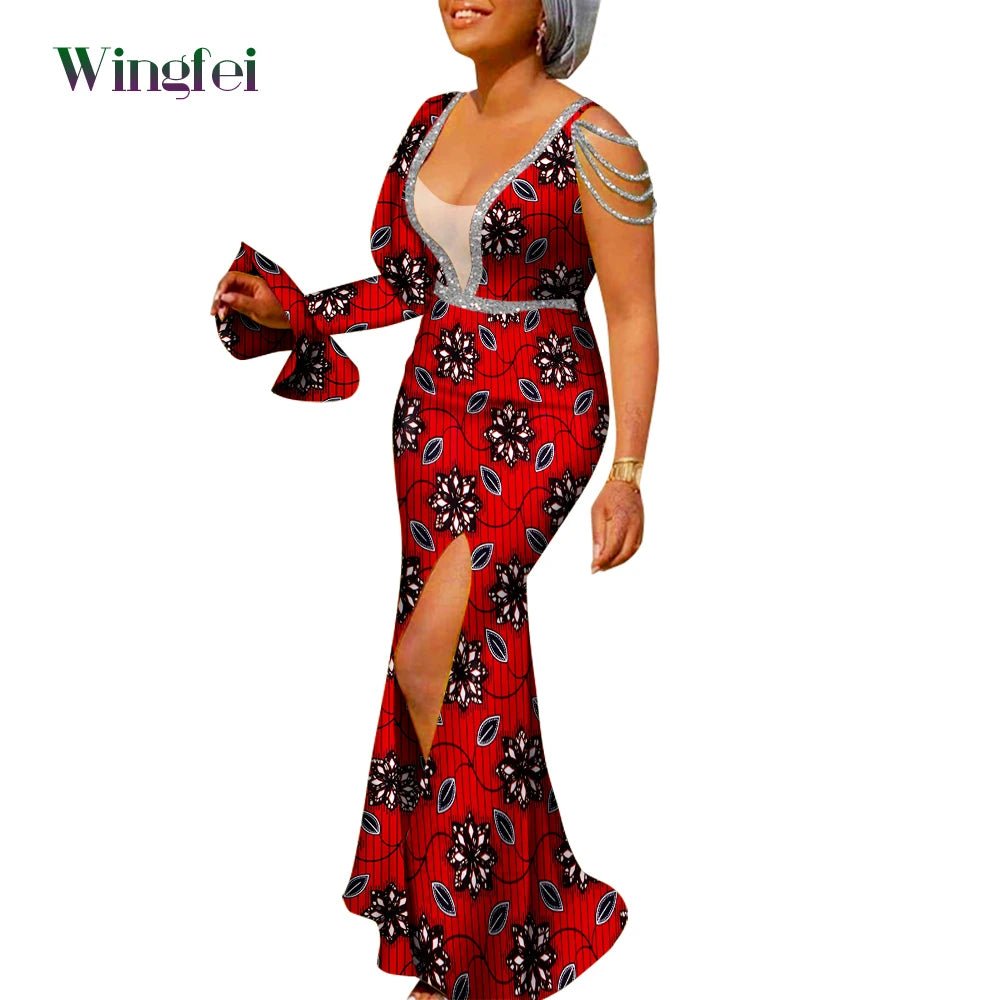 African Ankara Print Boubou Maxi Dress for Women – V-Neck Split Dashiki Party Gown - Free Delivery Worldwide only at Flexi Africa