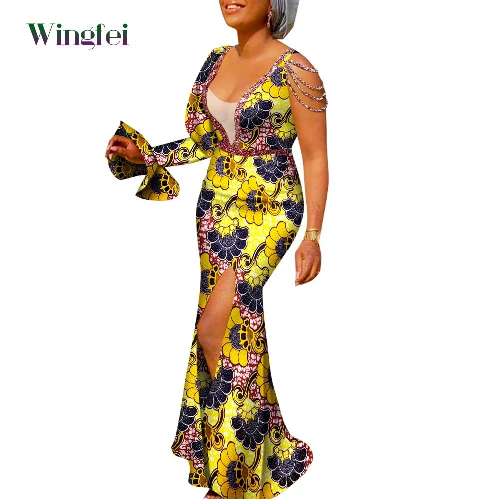 African Ankara Print Boubou Maxi Dress for Women – V-Neck Split Dashiki Party Gown - Free Delivery Worldwide only at Flexi Africa