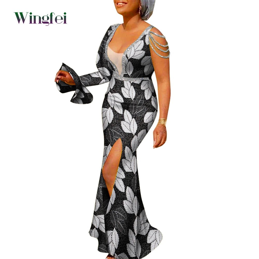 African Ankara Print Boubou Maxi Dress for Women – V-Neck Split Dashiki Party Gown - Free Delivery Worldwide only at Flexi Africa