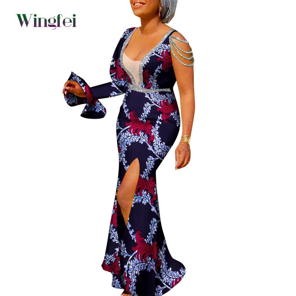 African Ankara Print Boubou Maxi Dress for Women – V-Neck Split Dashiki Party Gown - Free Delivery Worldwide only at Flexi Africa
