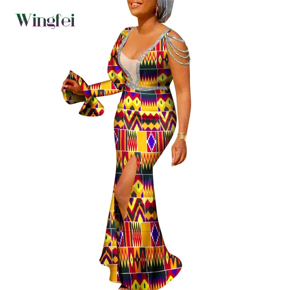 African Ankara Print Boubou Maxi Dress for Women – V-Neck Split Dashiki Party Gown - Free Delivery Worldwide only at Flexi Africa