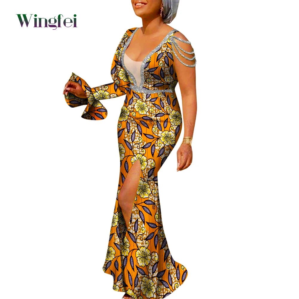 African Ankara Print Boubou Maxi Dress for Women – V-Neck Split Dashiki Party Gown - Free Delivery Worldwide only at Flexi Africa