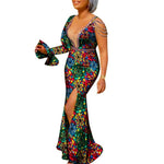 African Ankara Print Boubou Maxi Dress for Women – V-Neck Split Dashiki Party Gown - Free Delivery Worldwide only at Flexi Africa