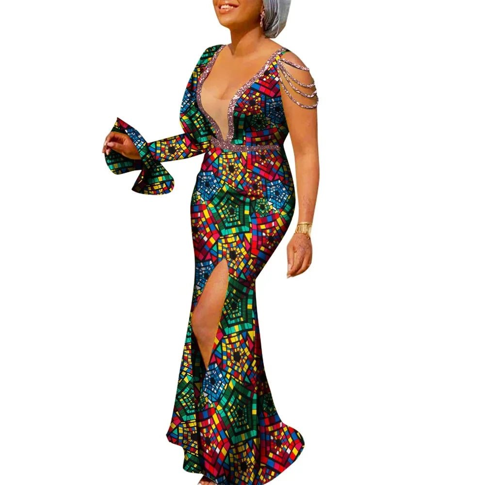 African Ankara Print Boubou Maxi Dress for Women – V-Neck Split Dashiki Party Gown - Free Delivery Worldwide only at Flexi Africa