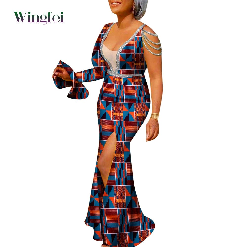 African Ankara Print Boubou Maxi Dress for Women – V-Neck Split Dashiki Party Gown - Free Delivery Worldwide only at Flexi Africa